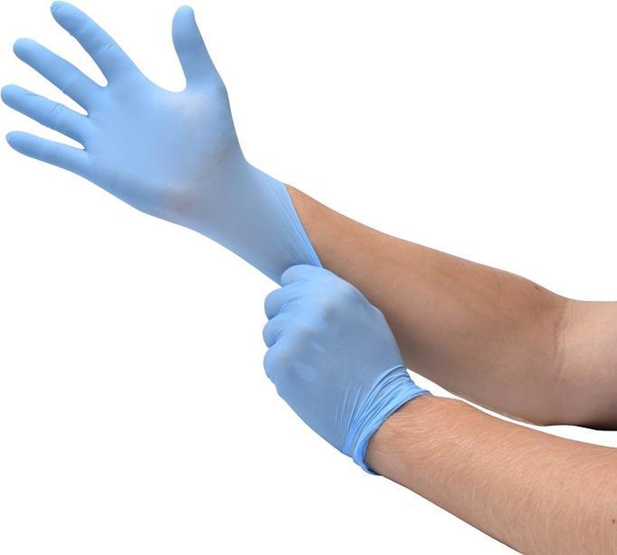 Putting on Blue Disposable Nitrile Gloves