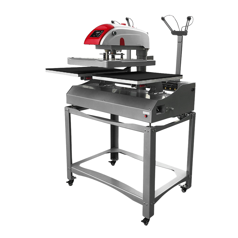 Press-X Pro Elektrische Twin Heat Press Stand op verrijdbaar onderstel.