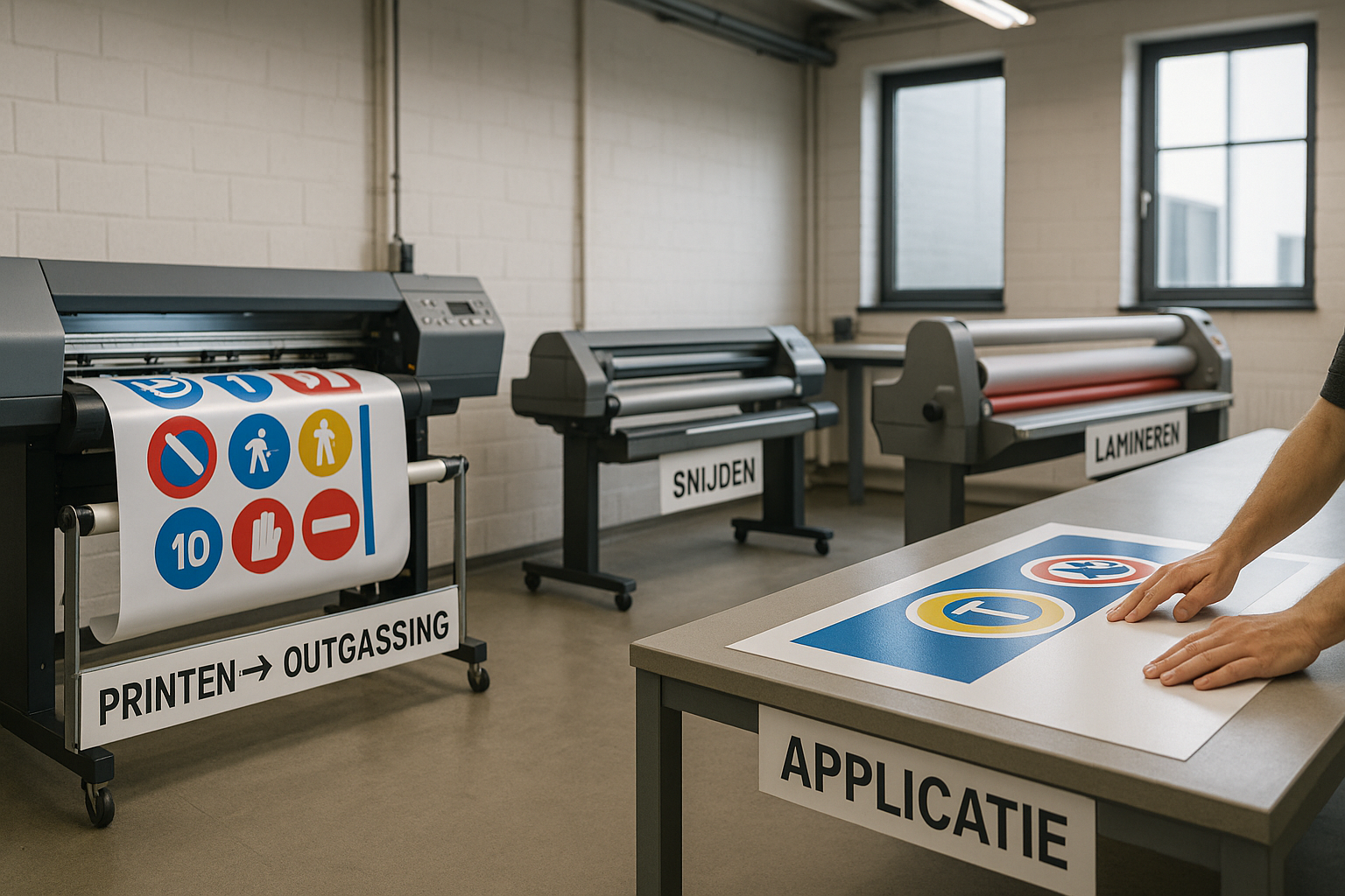 Visual: solvent printworkflow met outgassing en lamineren