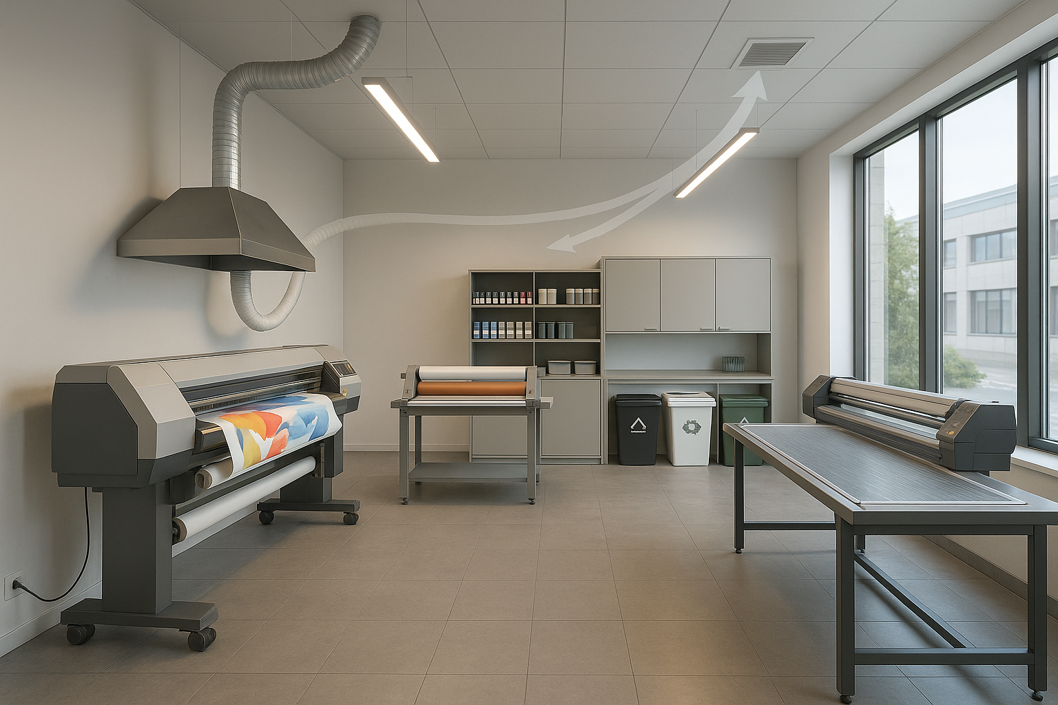 Visual: praktische ventilatie-zonering voor een signshop